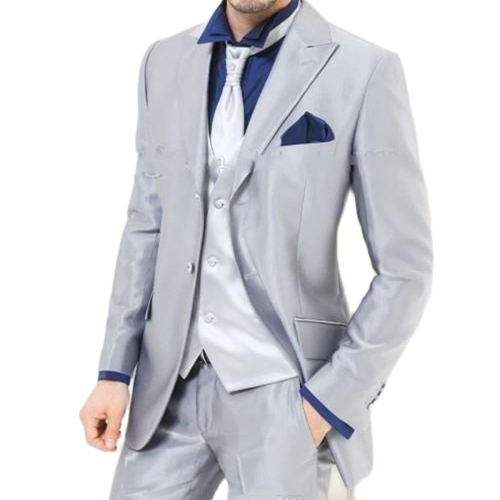 Men Formal Wear For Dinner - Setelan Pria Satin Berkilau Perak Buatan
