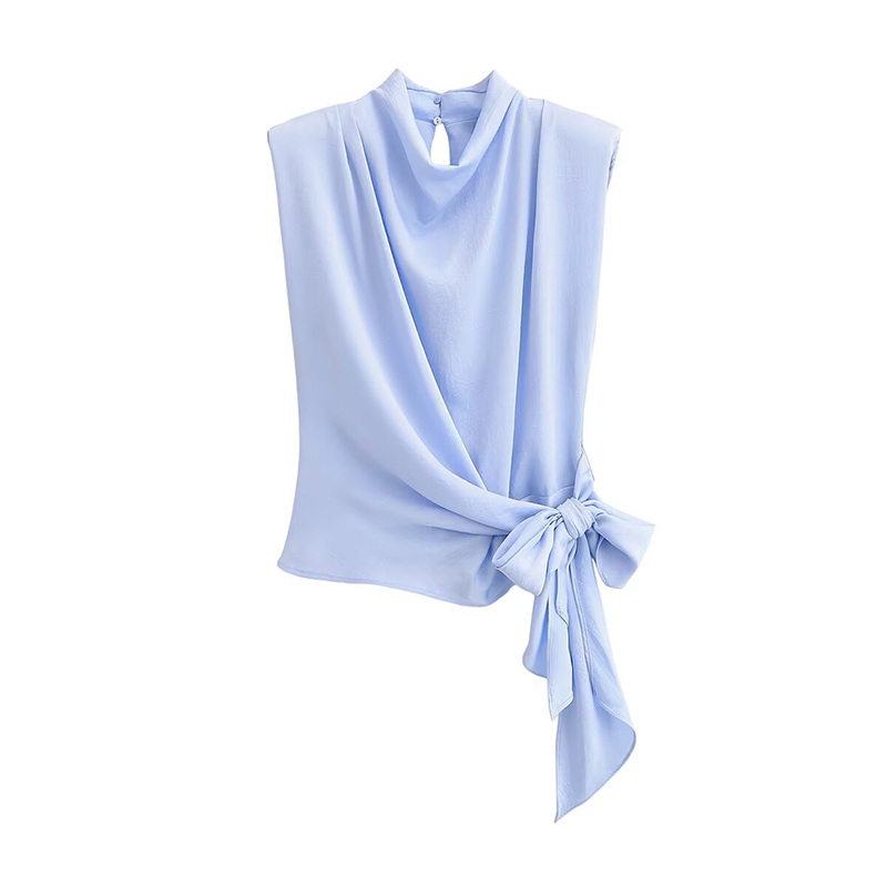 Satin Bow Tie - YENKYE Fashion Blus Tanpa Lengan Biru