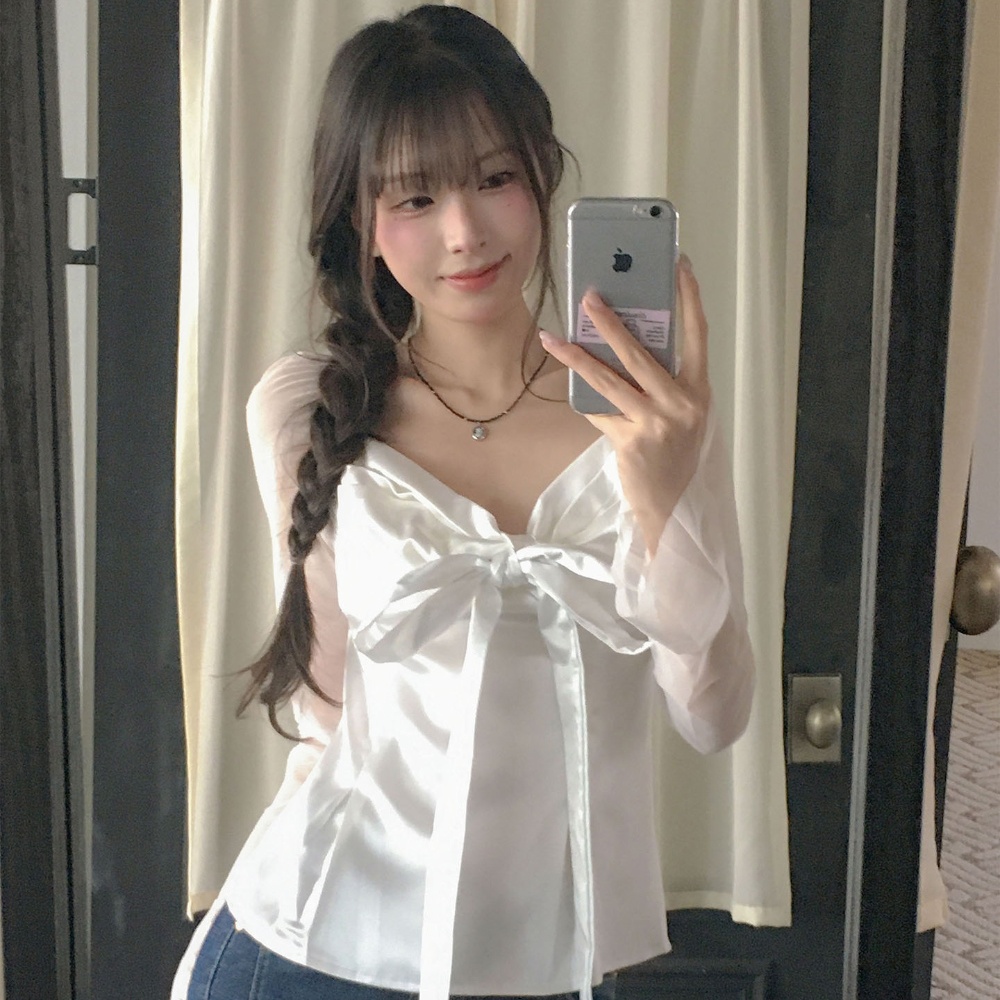 Satin Bow Tie - Atasan Satin Sifon Lengan Panjang Elegan