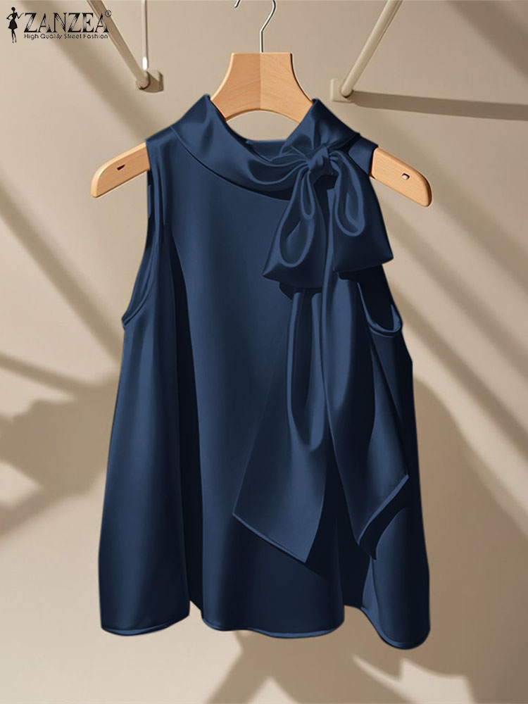 Satin Bow Tie - ZANZEA Blus Elegan Atasan Dasi Kupu-kupu