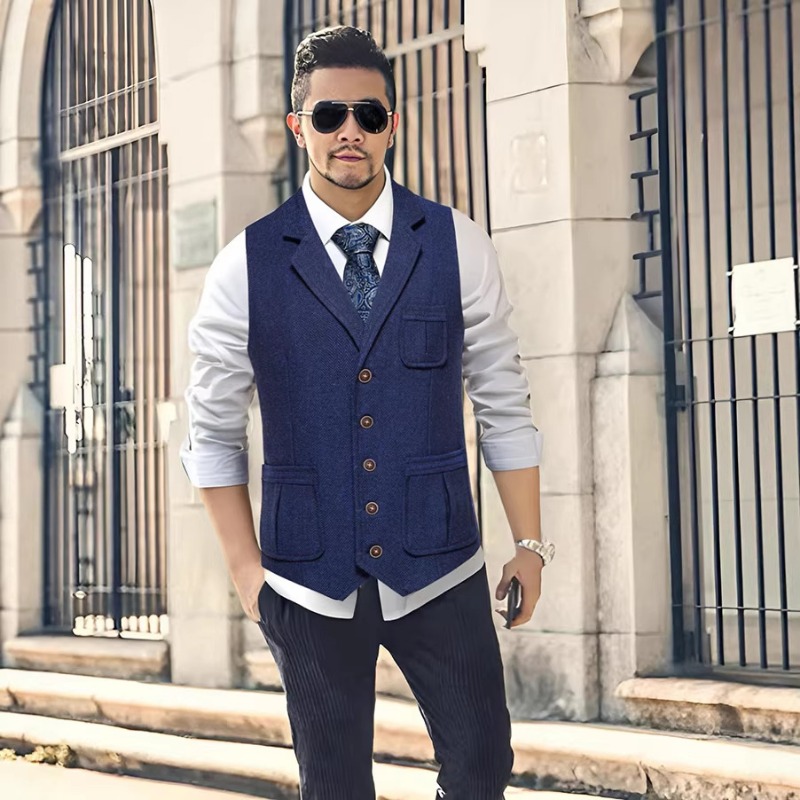 Men'S Formal Wear Waistcoat - Rompi Jas Pria Herringbone Tweed Kerah