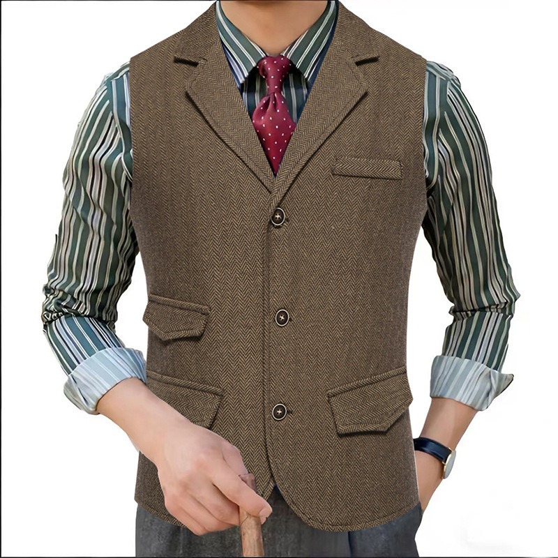 Men'S Formal Wear Waistcoat - Rompi Jas Pria Herringbone Tweed Kerah