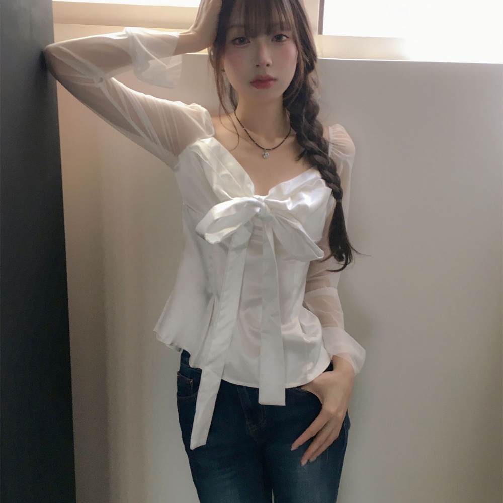 Atasan Satin Sifon Lengan Panj - Satin Bow Tie ulasan dan harga