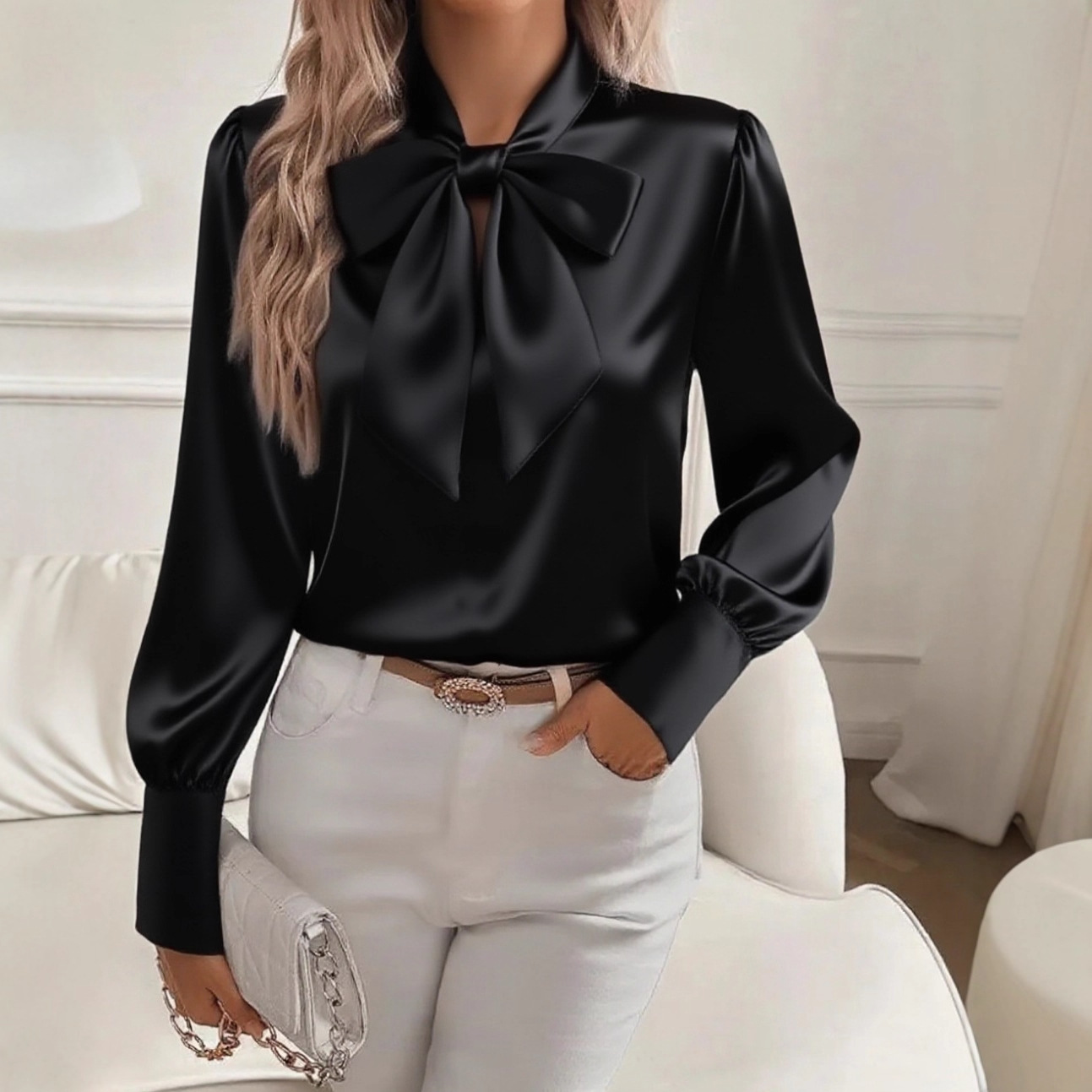 Blus Satin Kerah Dasi Kupu-Kup - Satin Bow Tie ulasan dan harga