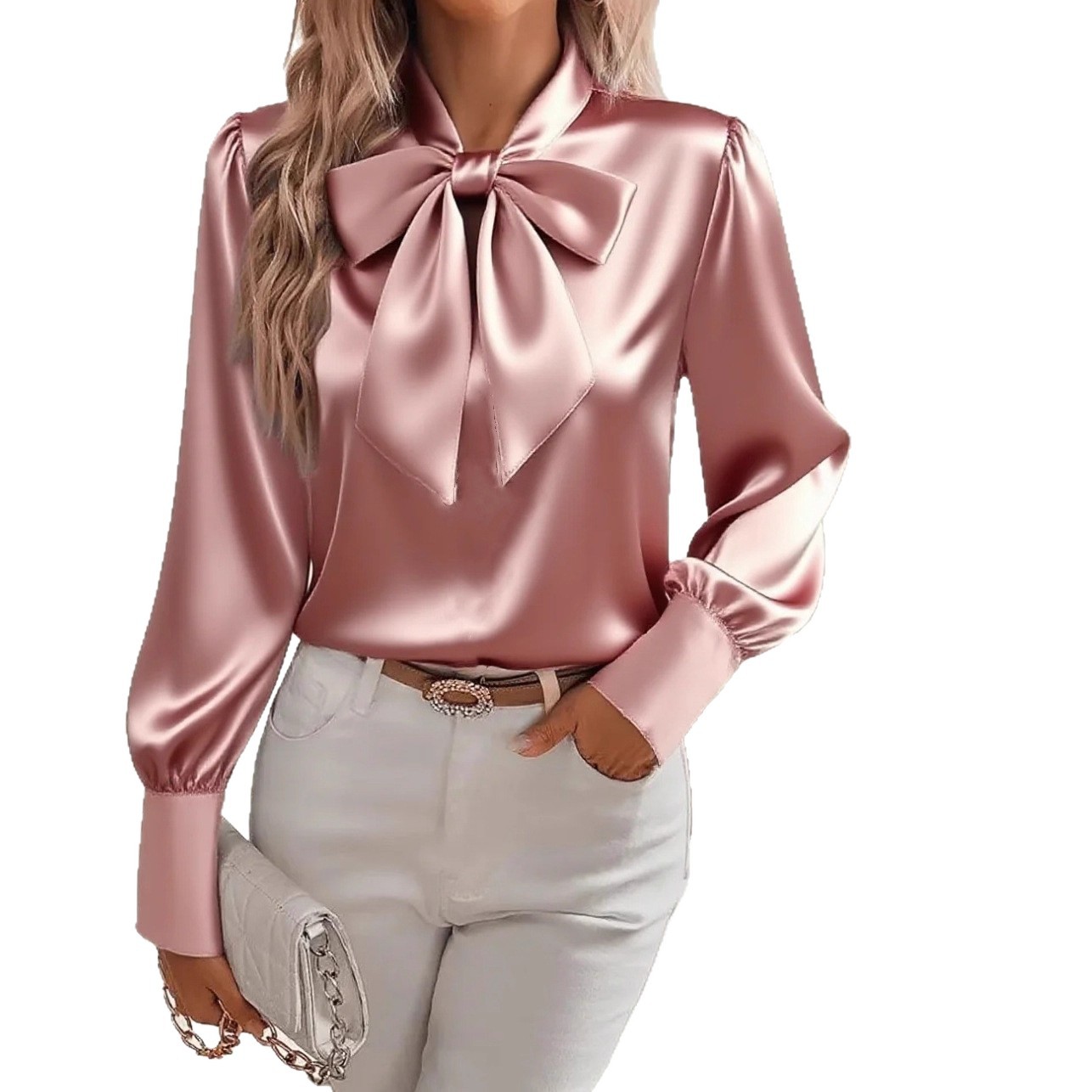 Kemeja Satin Wanita Lengan Pan - Satin Bow Tie ulasan dan harga